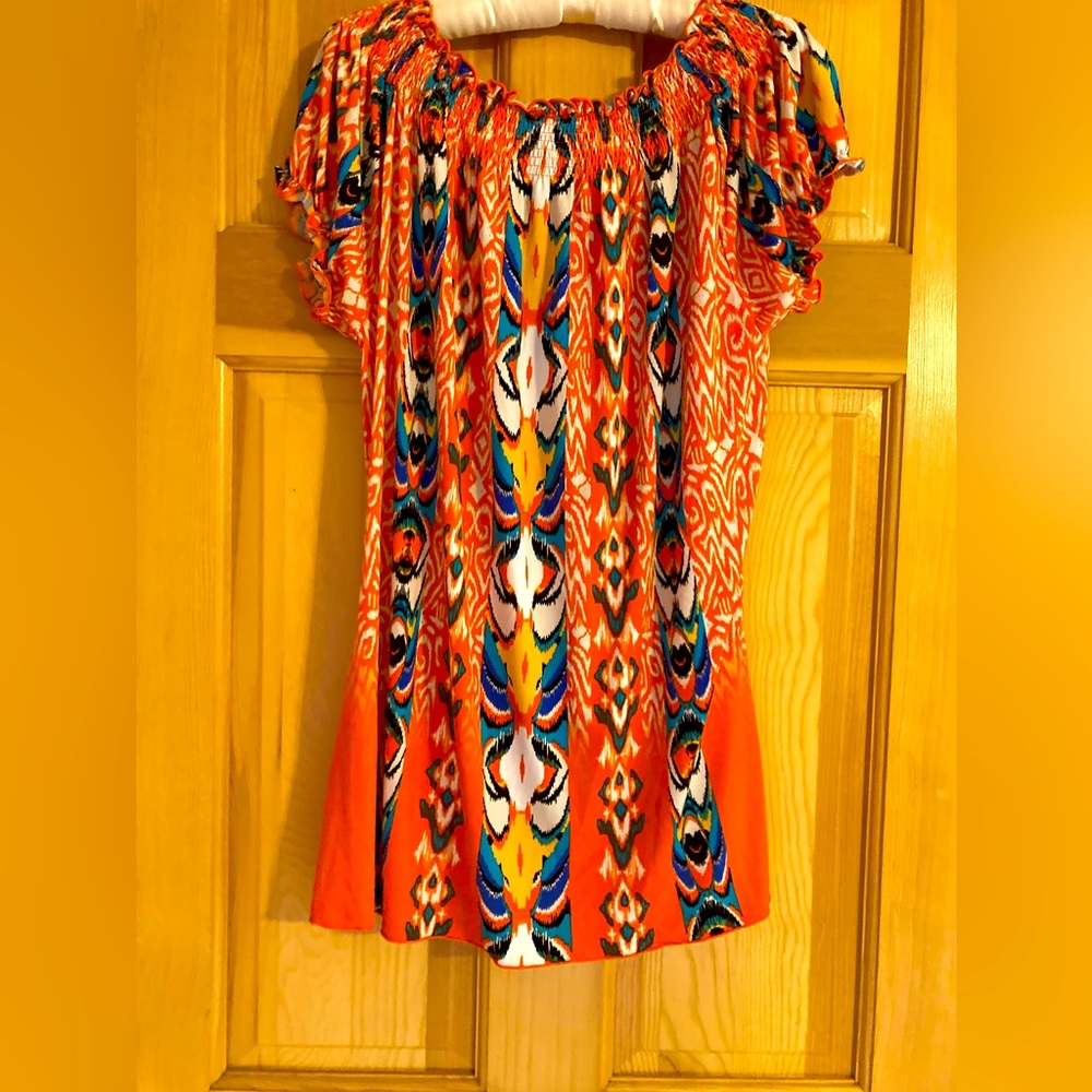 Madison Orange Patterned Stretchy Ruffle Top - Picture 2 of 3